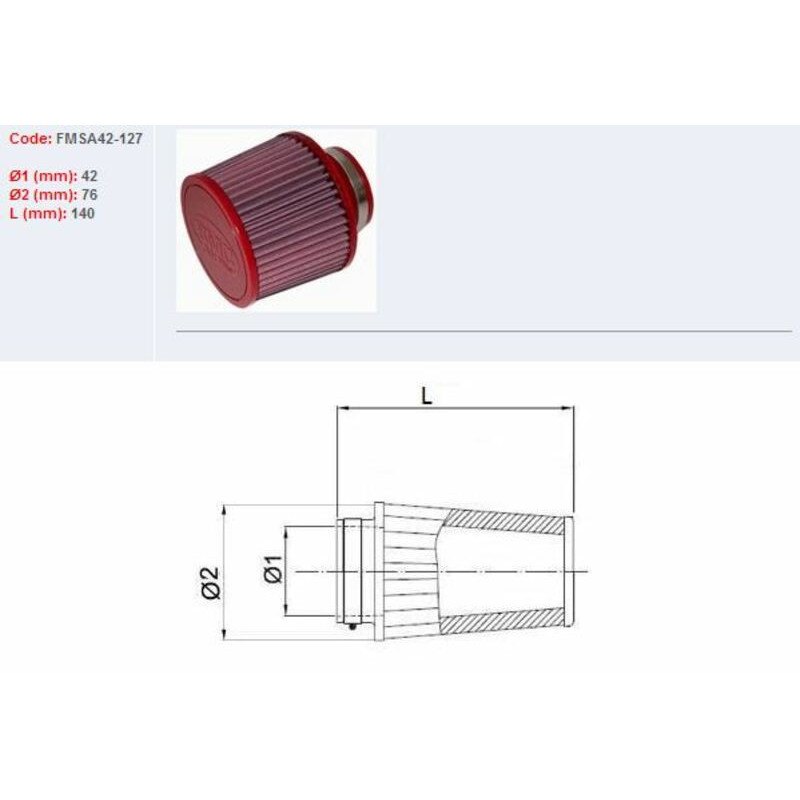 Filtro de aire BMC universal cónico Ø42mm x 127mm FMSA42-127