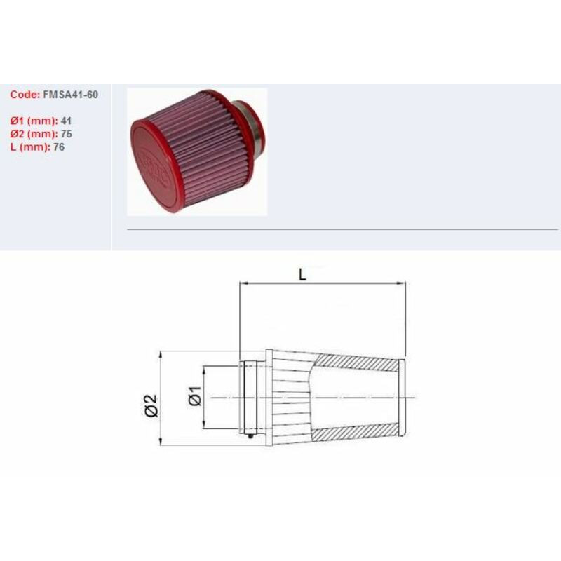 Filtro de aire BMC universal cónico Ø41mm x 60mm