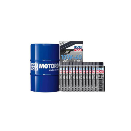 Pack LIQUI MOLY - Aceite de motor HC Sintético 10W-40 (1x Bidón 60L) + Limpia motores Engine Flush (12x Bote 250ml)