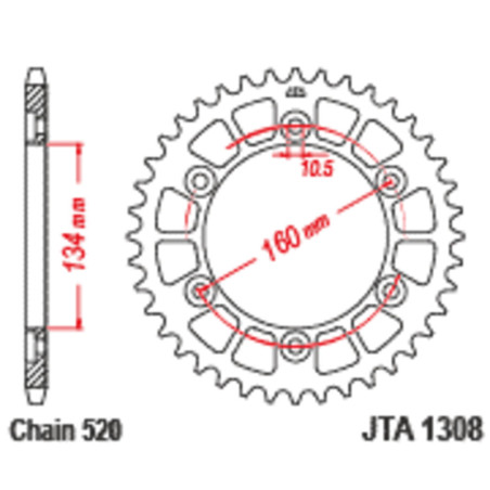 Corona JT Aluminio negro JT 1308 con 44 dientes