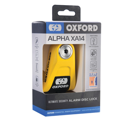 Candado de disco con alarma OXFORD Alpha XA14 Ø14mm acero inoxidable negro / amarillo - Certificado Classe SRA / ART4 / Sold Sec