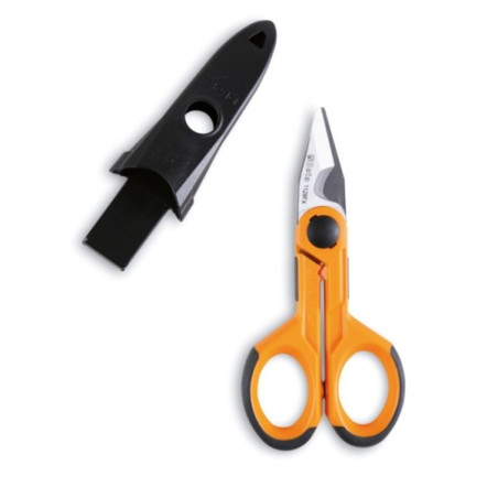 Tijeras de electricista BETA, hojas rectas de acero inoxidable con microdentado, ranura cortacables