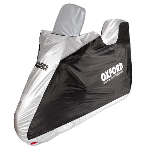 Funda de moto para exterior OXFORD Aquatex - Moto / Scooter con baúl y pantalla grande - Negro / Plata - S